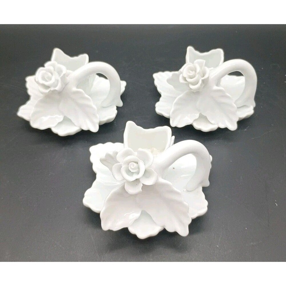 Trio Of White Rose Candle holders Handle Capodimonte Taper Delicate Damaged